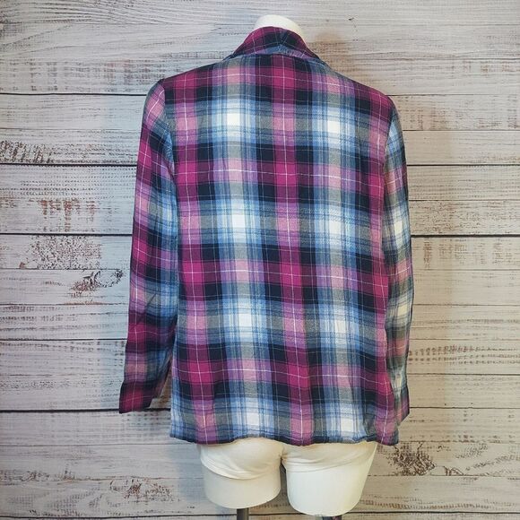 Womans Top sz S/P Pink Purple Black Plaid Open Waterfall Front Long Sleeve - Picture 5 of 7